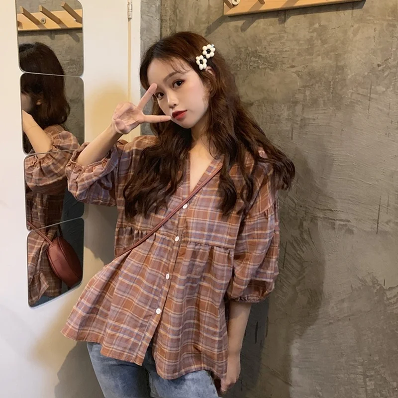 

puff sleeve v-neck three quarter casual plaid loose cardigan Harajuku ladies tops Women's Clothing fashion brand summer shirts