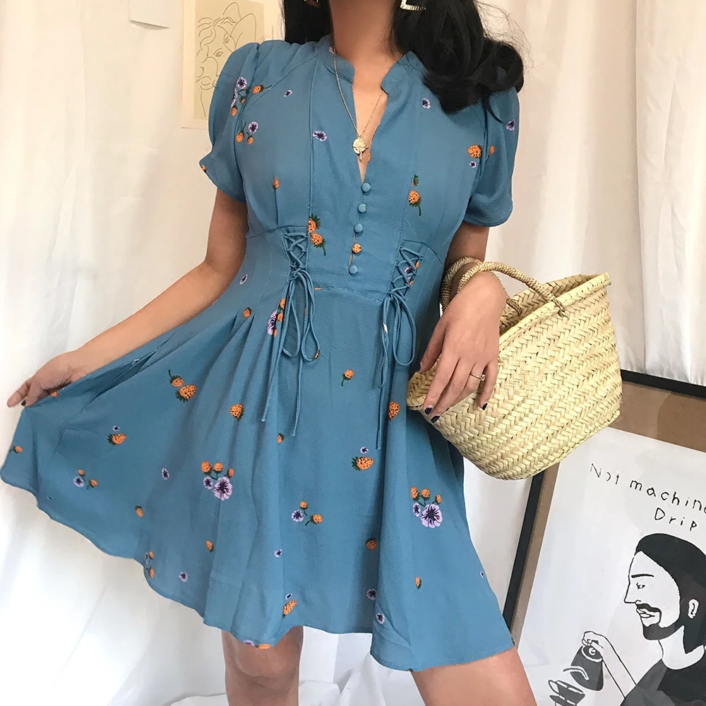

Beach Dress Real Ukraine 2018 Summer New Holiday Print V-neck Single-breasted Tie High Waist Flower Sleeve Chiffon Dress Female