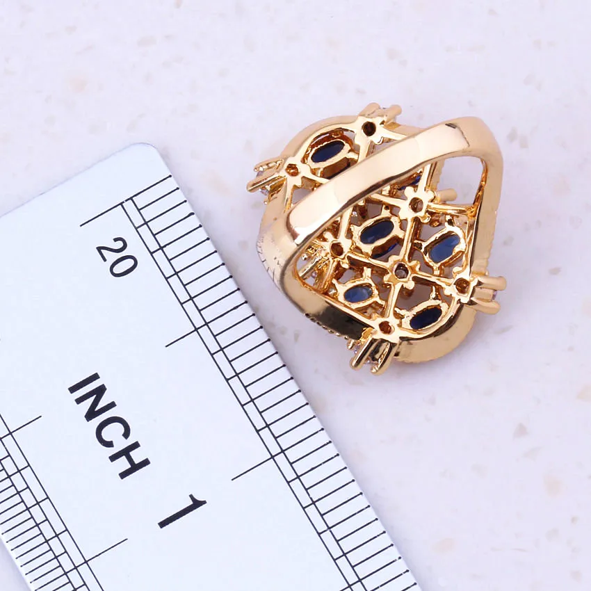 Завораживающий Синий Кристалл Кубический цирконий Желтое золото цвет кольца для