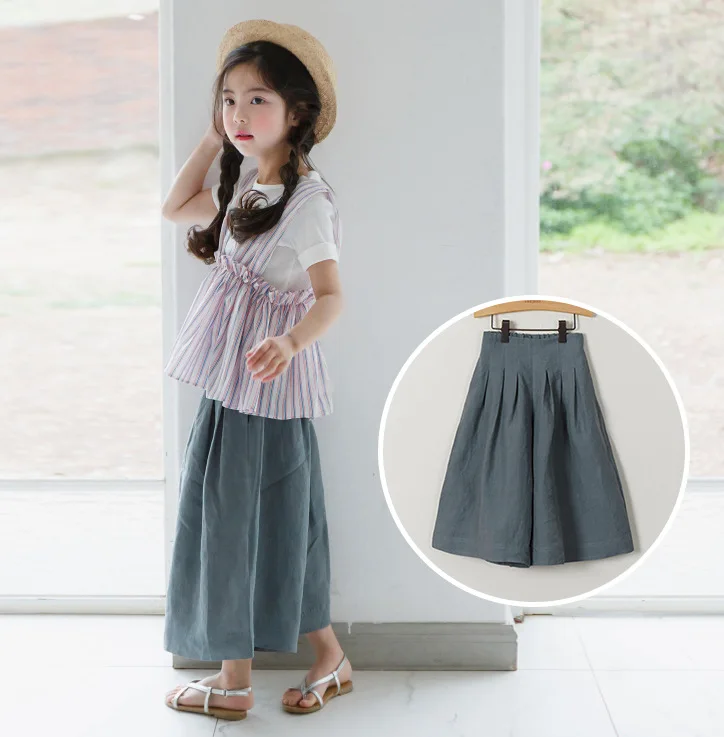 Широкие брюки для девочек подростков Летние повседневные хлопковые до щиколотки