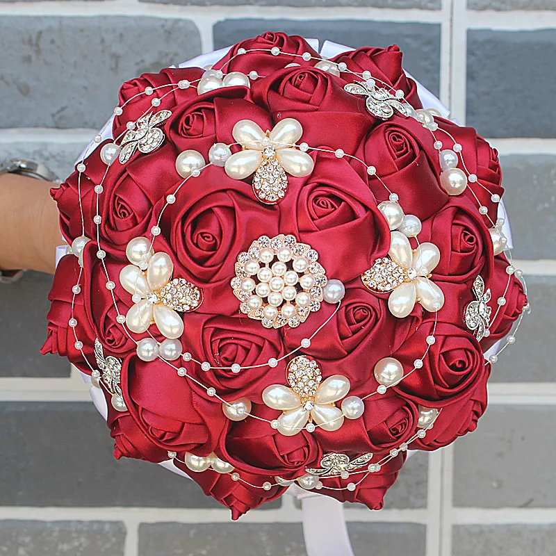 

Luxury Diameter 15/18/21/24CM Wedding Bouquet Bridal Bridesmaid Bouquets Wine Red Rose Pearls Artificial Bride Holding Flower