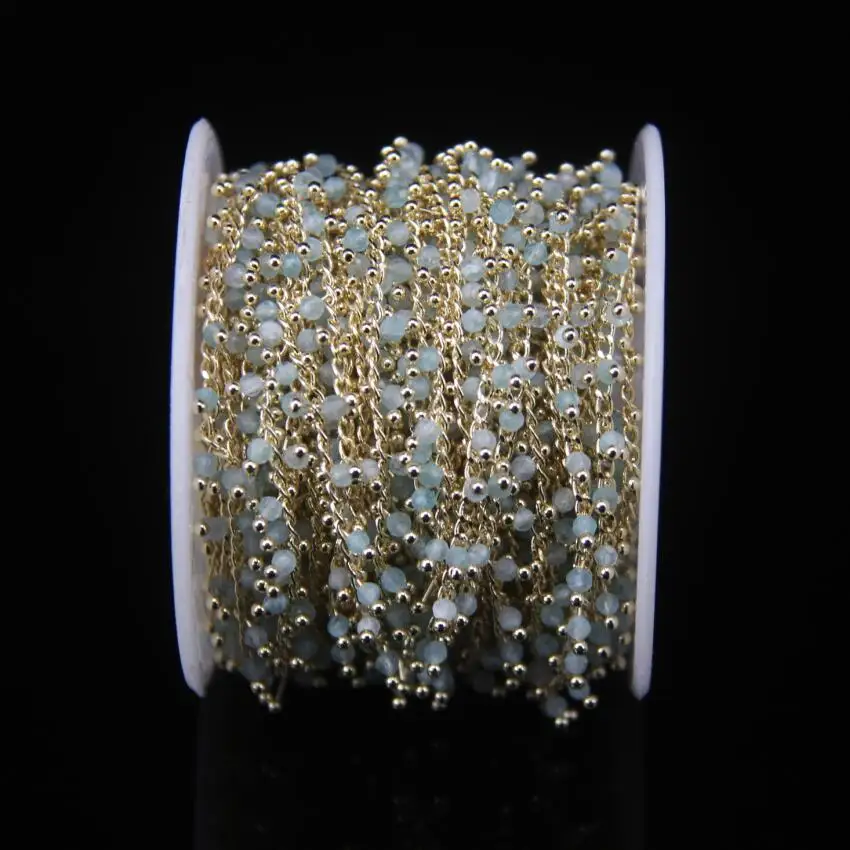5Meter 2mm Faceted Aquamarine Rosary Chain Small Size Round Beads Gold Color Brass Wire Wrapped Necklace Sweater Chains | Украшения и
