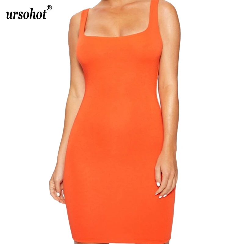 Ursohot Спагетти ремень Танк Bodycon платье летние однотонные сексуальные винтажные