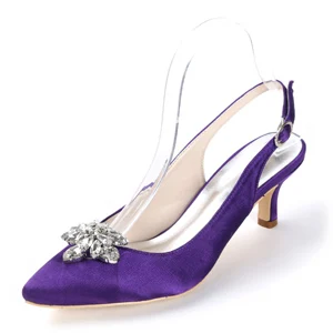 Creativesugar женские атласные вечерние модельные туфли slingback острый носок с кристаллами брошь Свадебная вечеринка Пром каблуки дюймов - Цвет: Eggplant