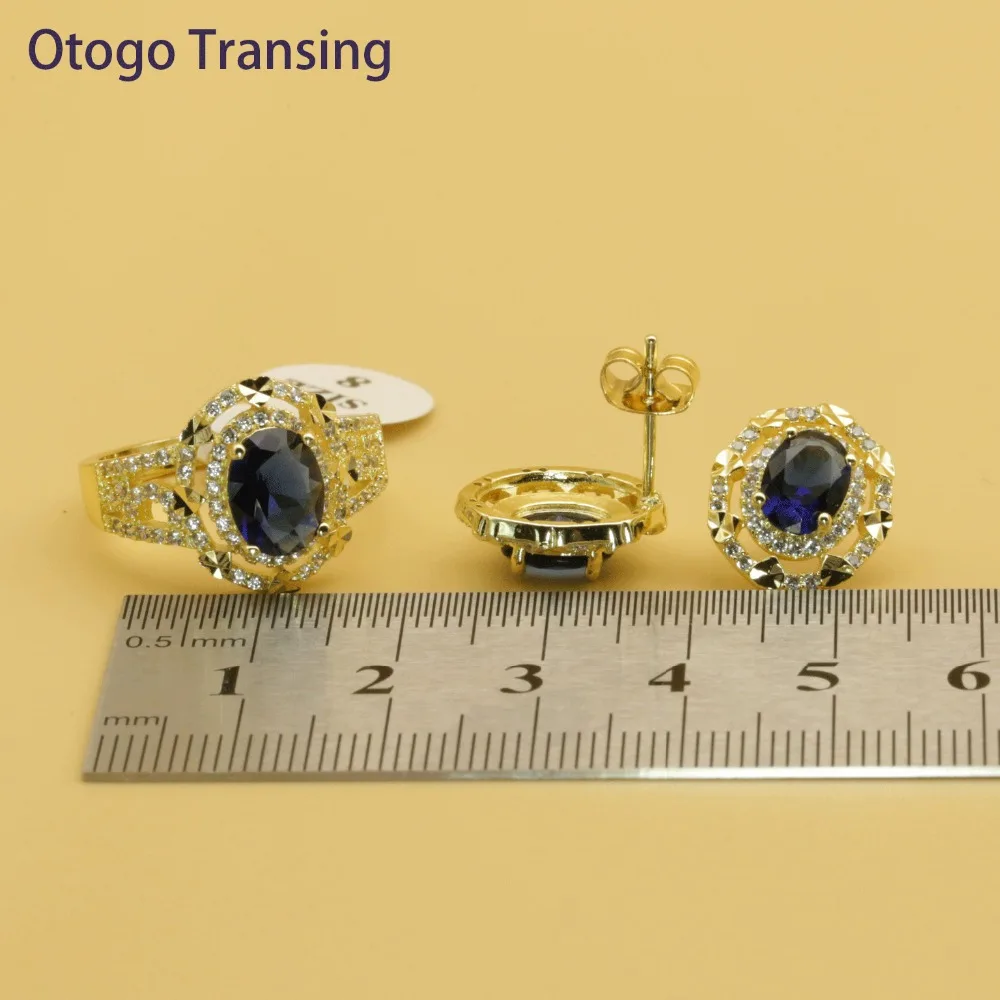 Otogo,, Круглый, голубой, кубический цирконий, золотой цвет, Ювелирные наборы для женщин, серьги, кулон, ожерелье, кольцо, браслет, SET202