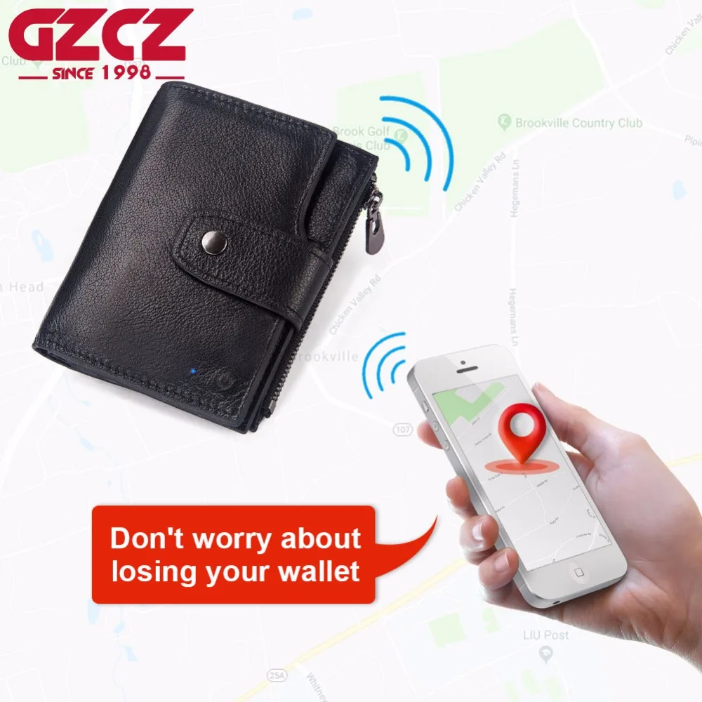 Новинка 2019 мужской Умный кошелек GZCZ из натуральной кожи с Bluetooth дорожные кошельки