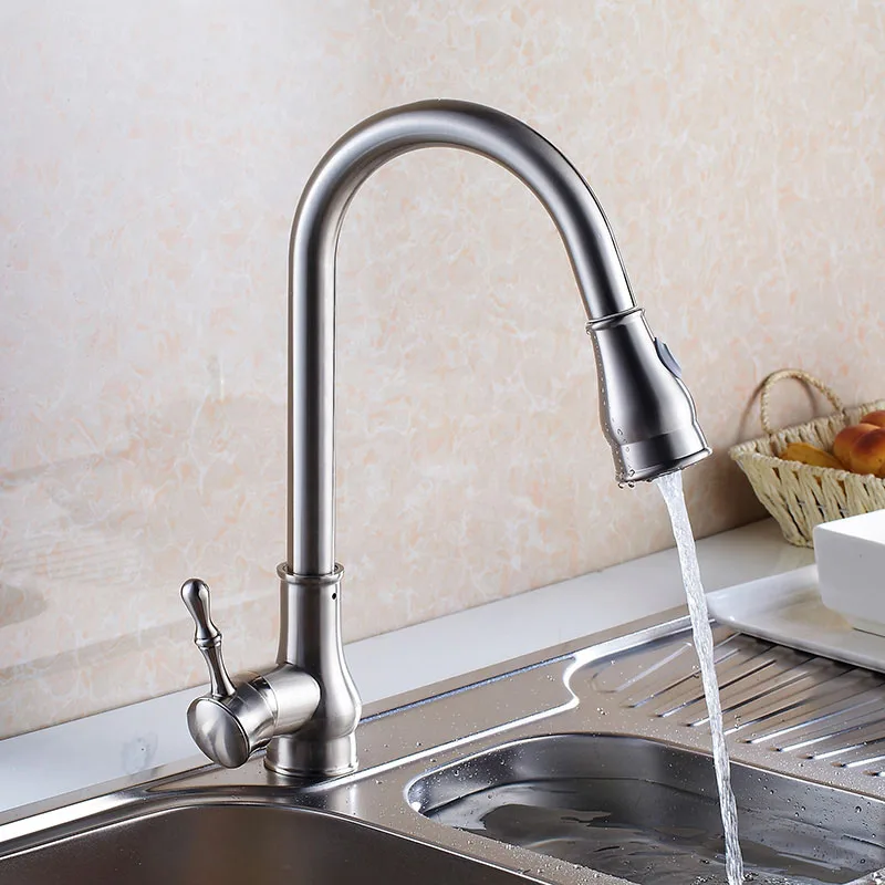 Brushed Nickel Кухонный кран золотой высокий арочный кран для раковины кухонный выдвижной вращающийся распыляющий смеситель кран Grifo Cocina OWO-9101K - Цвет: Brushed Nickel
