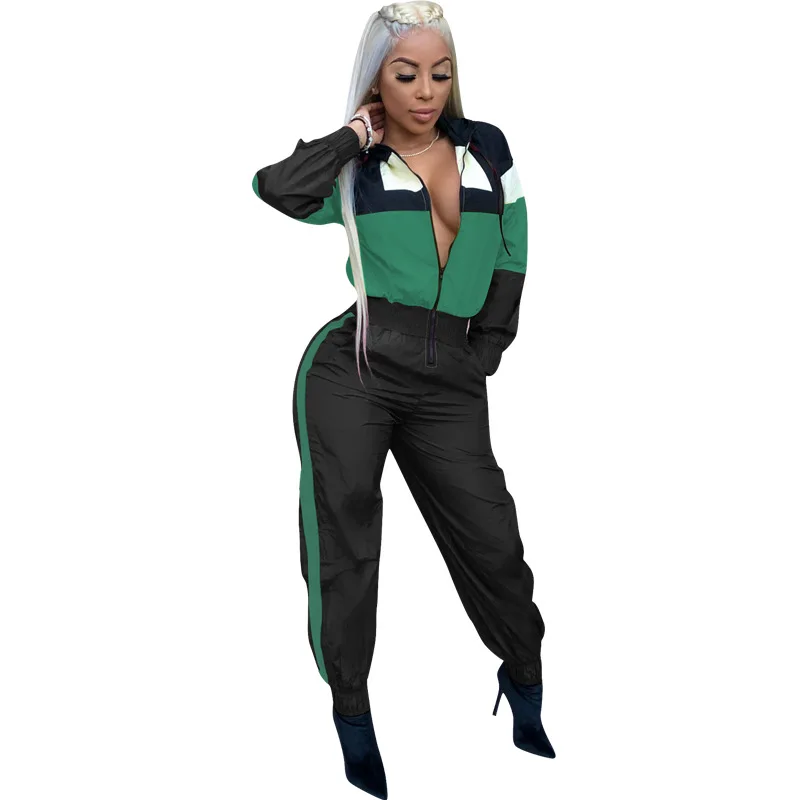 green jumpsuit Adogirl цветной лоскутный комбинезон с капюшоном на молнии спереди с длинным рукавом Повседневный комбинезон женский спортивный костюм уличная мода толстовки джемпер - Цвет: green jumpsuit