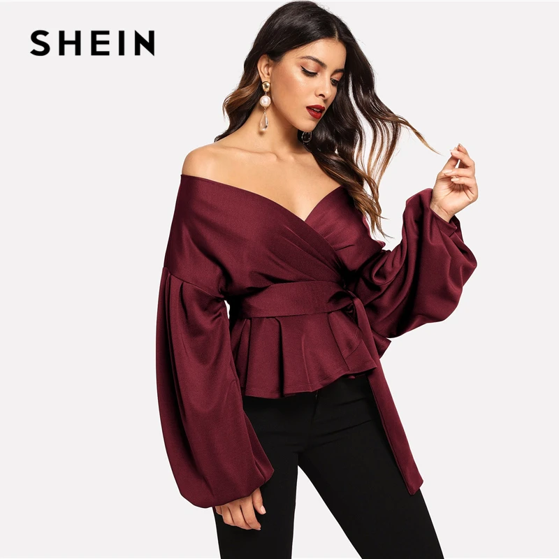 

SHEIN Burgundy Lantern Sleeve Surplice Peplum V Neck Blouse Modern Lady Bishop Sleeve Women Spring Minimalist Elegant Blouses