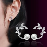 new elegant real pearl 925 sterling silver branch leaves stud earrings for women girl brincos pearls fine jewelry