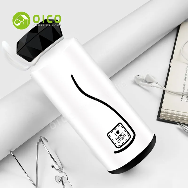 OICO 300ml New Design Simple Black And White Glass Water Bottle With Diamond Shape Cover Plastic Handle For Office/Home Use | Дом и сад