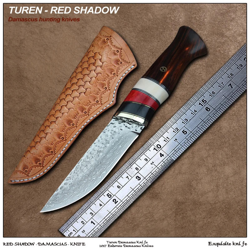 TUREN-Red Shadow 60 HRC ручной работы дамасский охотничий прямой нож коровья Кость