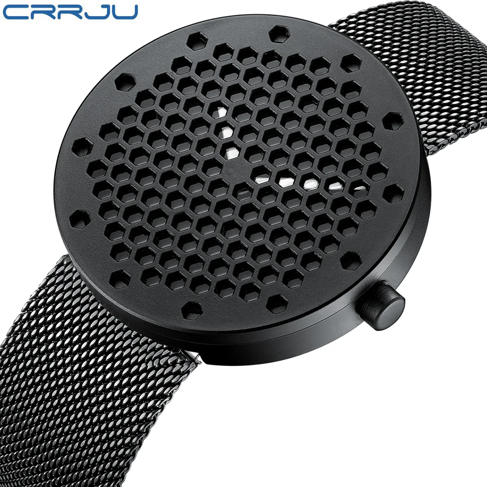 Фото Лучший бренд Crrju черные мужские часы Популярные Брендовые Часы Кварцевые Золотые