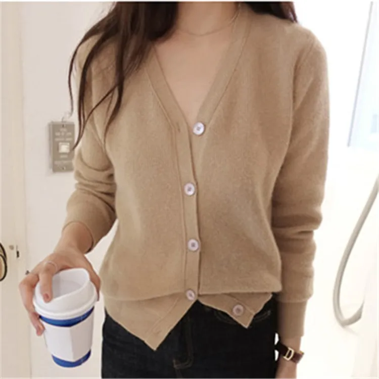 Кашемировый вязаный женский корейский стиль Vneck Тонкий однобортный Кардиган свитер сплошной цвет S-2XL