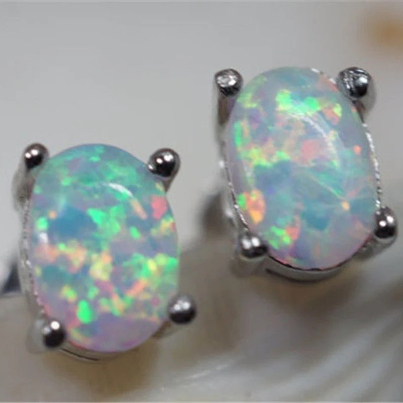 

Female Oval White/Green Fire Opal Stud Earrings Fashion Jewelry Ear Studs Wedding Earrings For Women Bijoux L3N669