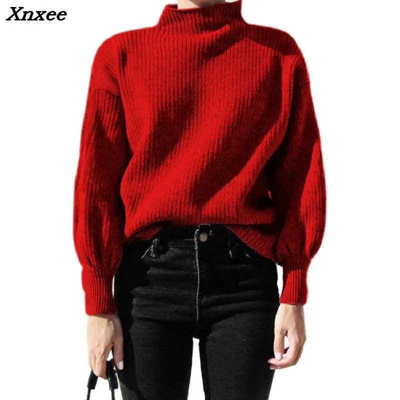 Зимний вязаный свитер с рукавами-фонариками пуловер женский свободный красный