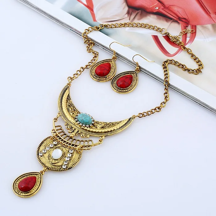 Ancient gold Color LZHLQ, винтажный резной чокер с геометрическими мотивами, массивное ожерелье, женский набор, 4 цвета, синий камень, цинковый сплав, ювелирное изделие - Окраска металла: Ancient gold Color