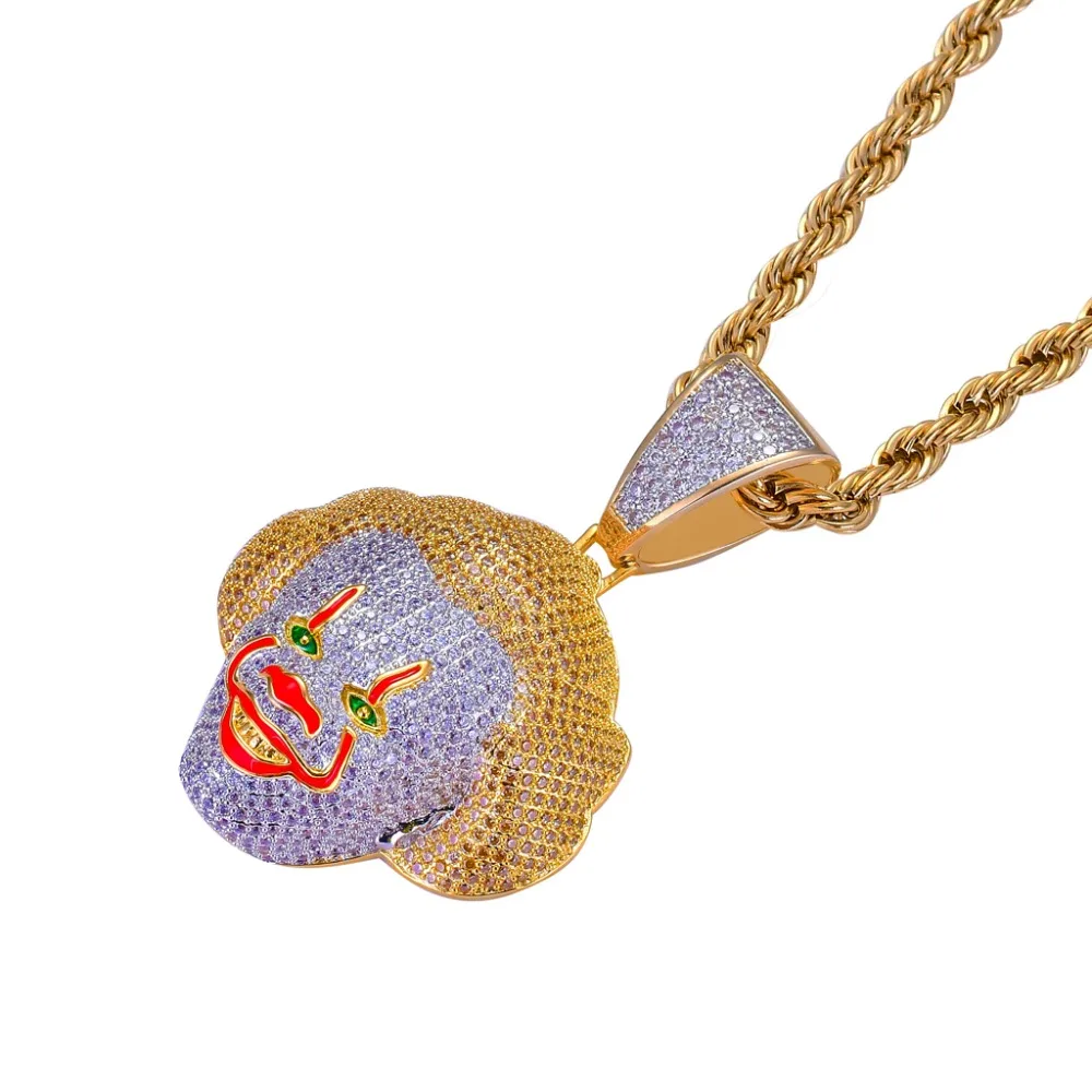 TOPHIPHOP Red Color Clown Pendant Necklace With Tennis Chain Charm Bling Cubic Zircon Men's Hip hop Rock Jewelry | Украшения и
