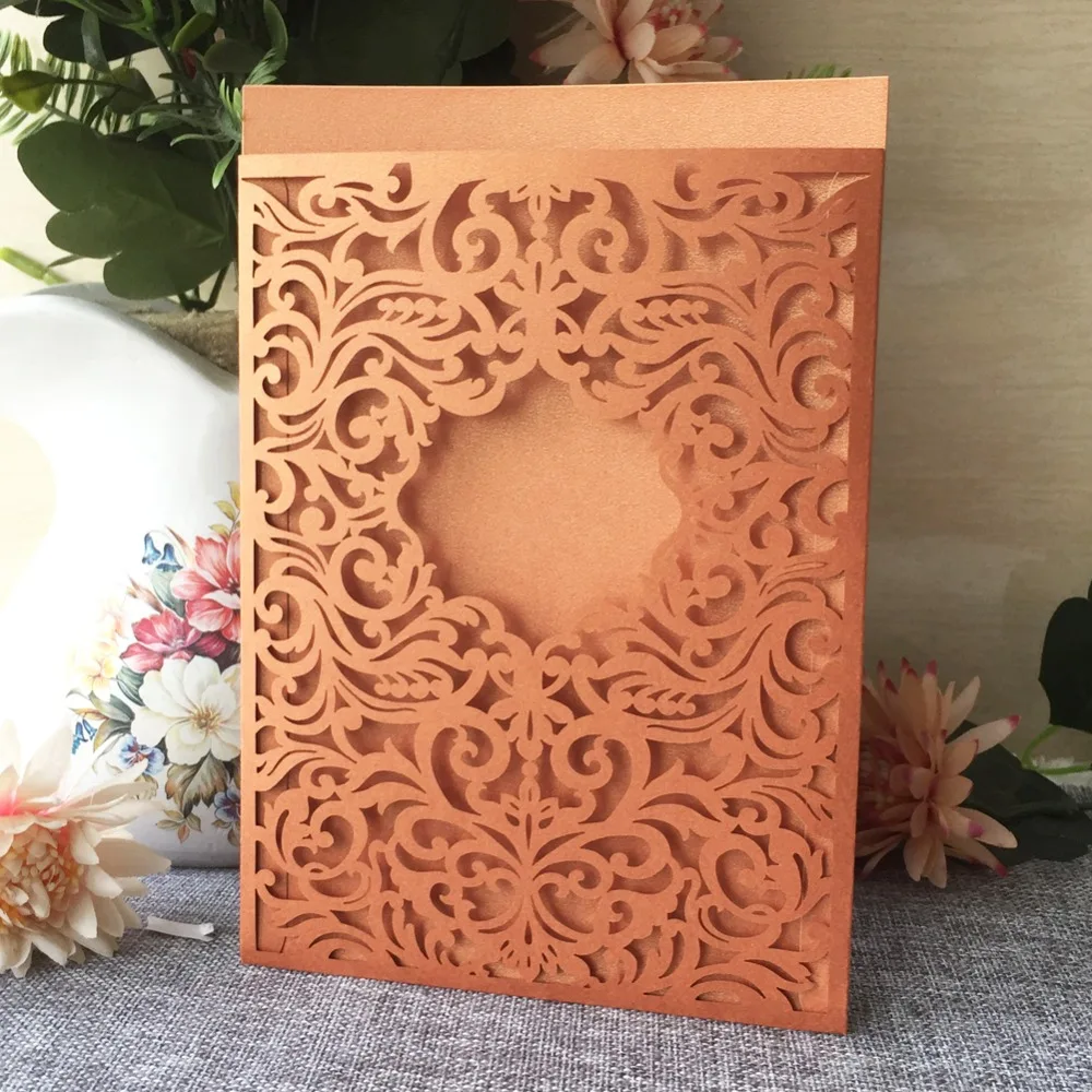 

100pcs Customizable Pocket Design Wedding Invitations Laser Cut 24 Colors Pearl Paper Wedding Card Birthday Party Supplies