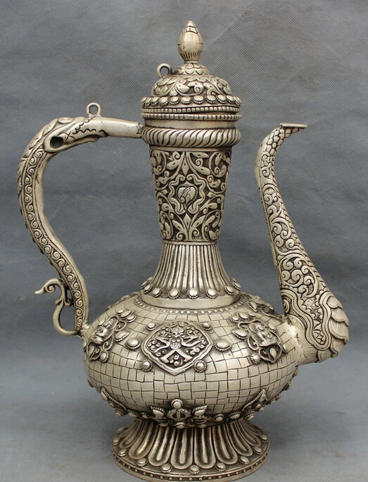 USPS в США S1501 14 дюймов тибетское серебро буддизм Dragon Head Будда Шакьямуни Wine Pot|usp| |