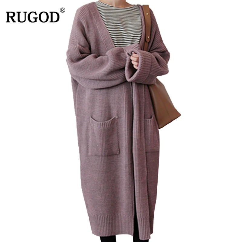 RUGOD 2018 новый корейский вязаный кардиган с карманами Женский Осенний длинный