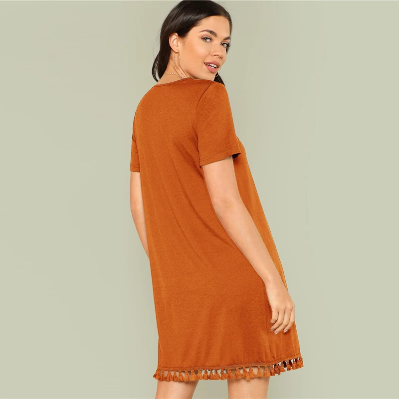 SHEIN женское летнее платье с бахромой и боковыми карманами,, цельное платье-туника с коротким рукавом