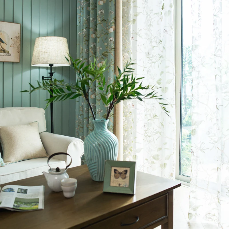 

Custom curtains American country fabric Rural living room study flower bird blue drapes cloth blackout curtain tulle N371