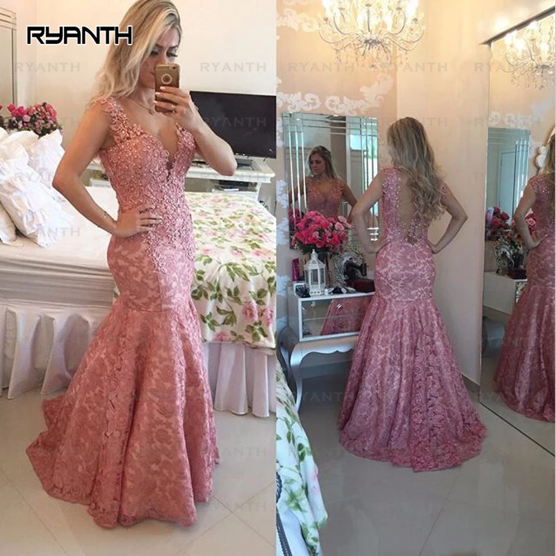 NP90 Vestido де феста Сексуальная See Through Вернуться Розовый Кружева русалка Пром Платья