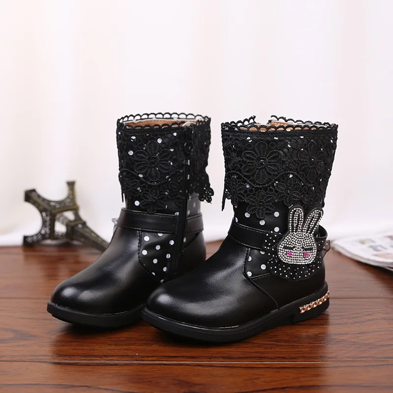 

J Ghee 2020 Fashion Winter Girls Boots Warm Cotton Princess Flowers Rabbit Kids Shoes Children's Boots For Girls PU Leather Shoe