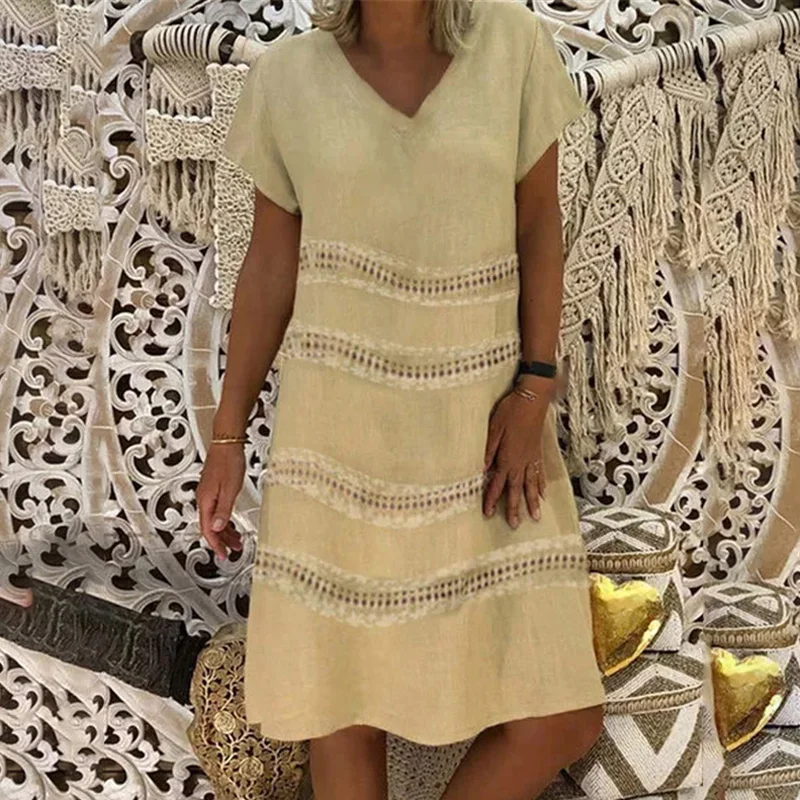 Womens Dress Ladies Party Summer Plus Size Fashion Holiday Knee Length Casual Beach V Neck | Женская одежда