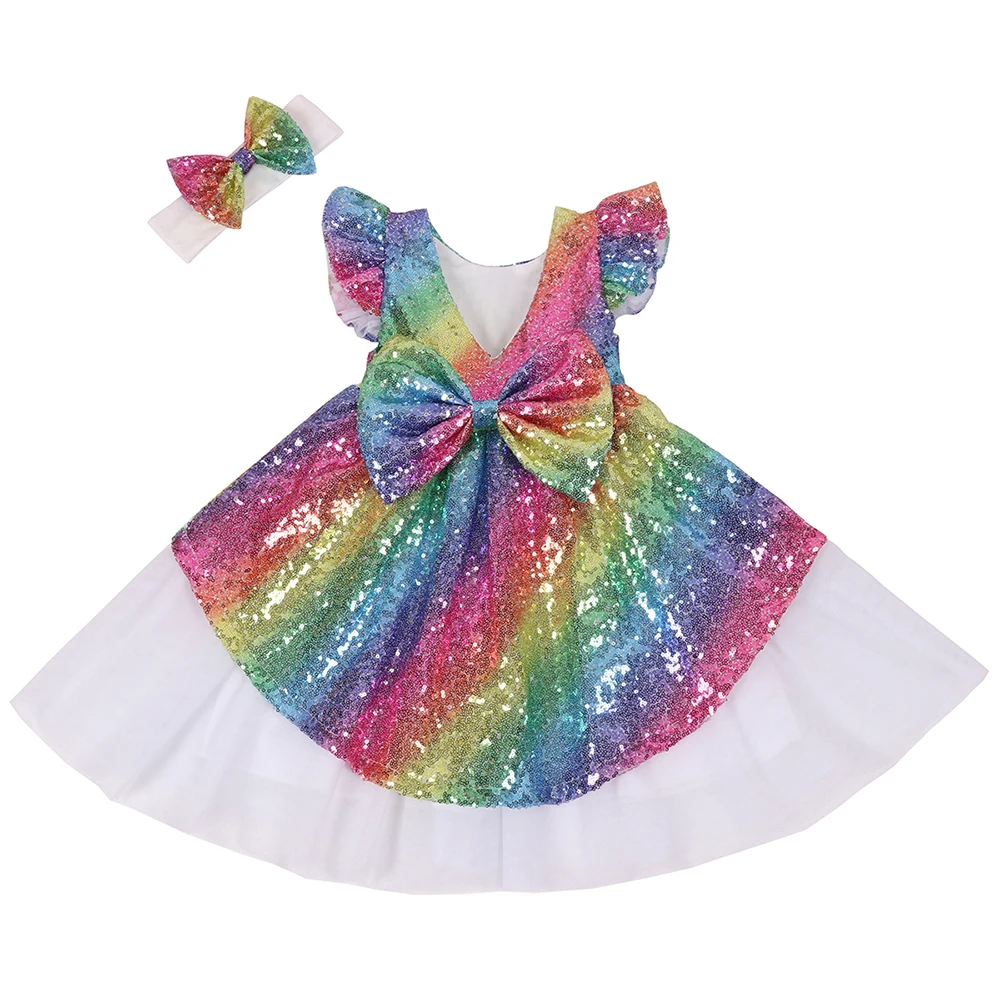 Girls Sequin Dress Baby Toddlers Tutu Sundress Kids Tulle Bridesmaid Gold White Cute Summer Party Clothes with Headband | Детская одежда