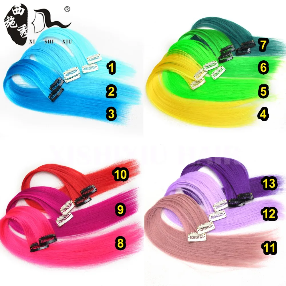 Single Clip In on Hair Extension Colorful Colored Punk Highlights Straight Synthetic Pieces 13 Colors Available 3pc |