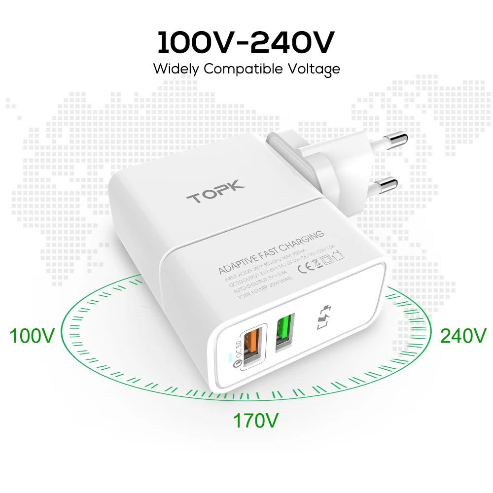 TOPK Quick Charge 3 0 быстрое зарядное устройство USB EU & US 2 IN 1 адаптер зарядного устройства