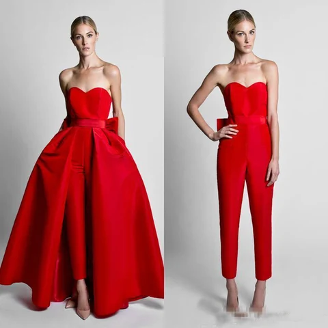2019 Modest Red Jumpsuits Evening Dresses With Detachable Skirt Sweetheart Satin Guest Dress Prom Celebrity Party Gowns