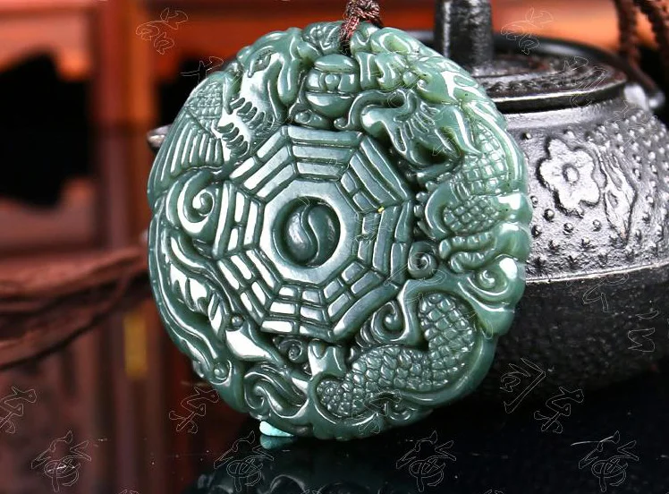 Натуральный зеленый Hetian Jades кулон 3D резной круглый Бага с драконом подвеска
