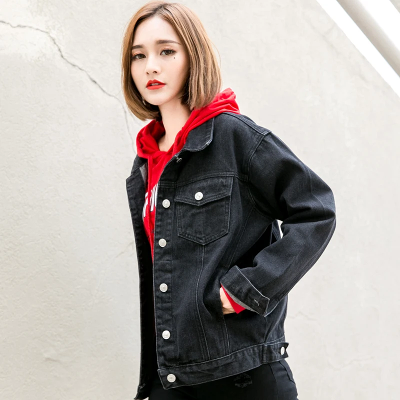 Женская одежда весенняя и осенняя однотонная новая черная джинсовая куртка