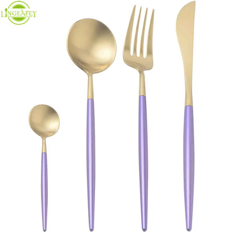 LF3purplegold1set Столовые приборы из нержавеющей стали наборы ножей белый золотой набор посуды столовые приборы кухонные принадлежности западные столовые приборы - Цвет: LF3purplegold1set