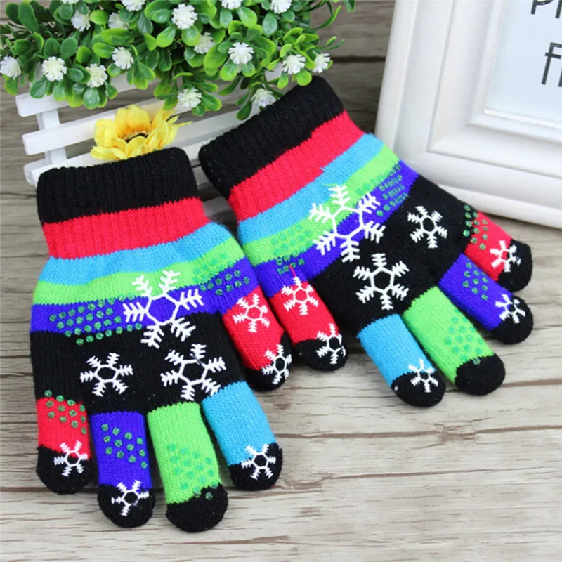 1pair Children Bi-layer Snow Print Winter Thickened Warm Colored Yarn Knit Gloves random color S/M/L | Аксессуары для одежды