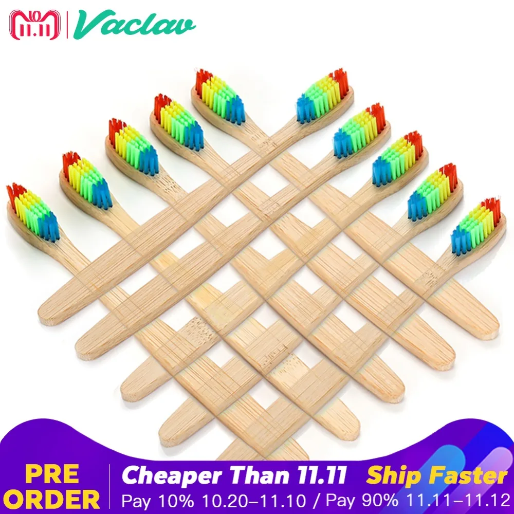 Vaclav 10Pcs Environmentally Wood Toothbrush Novelty Bamboo Tooth Brush Fibre Wooden Handle Teeth Whitening Rainbow | Красота и