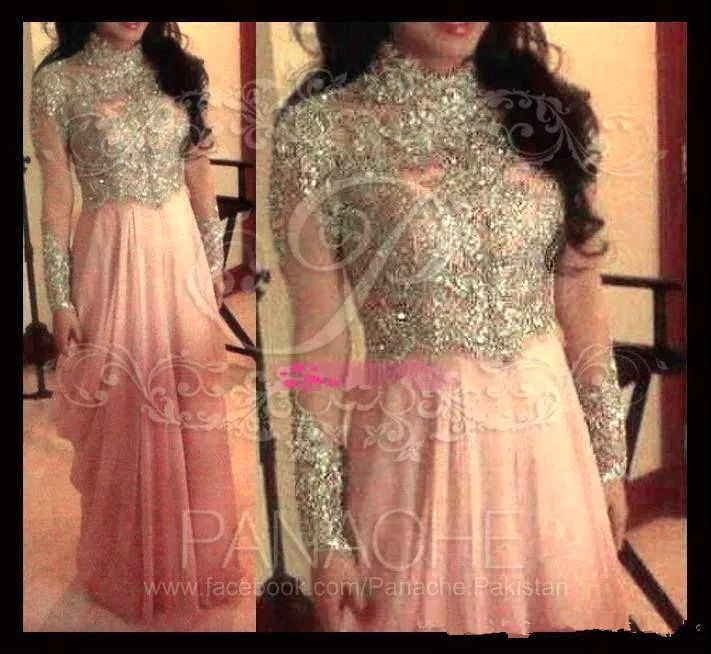 

Pink Muslim Evening Dresses A-line Long Sleeves Chiffon Lace Beaded Islamic Dubai Saudi Arabic Long Evening Gown Prom