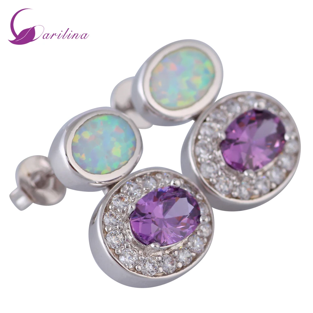 

New 2021 Lovely Jewelry White Fire Opal Earrings Stamp Silver Color Jewelry Purple Crystal Drop Earrings For Womans E399