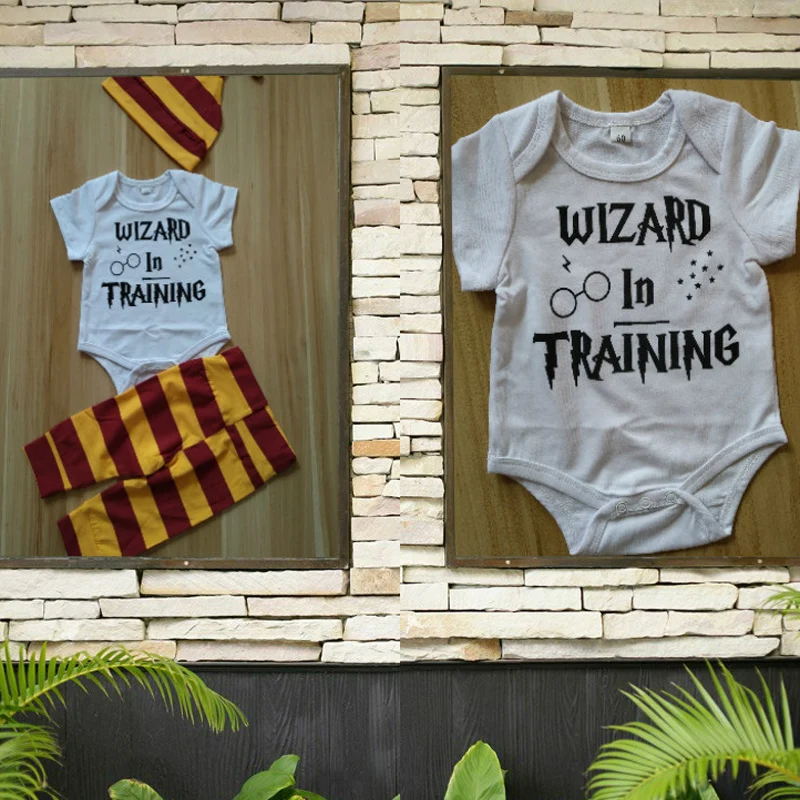 Infant Baby Clothing Set 2019 Summer 3PCS Sets Wizard In Training Romper+ Stripe Pants+Hat Newborn Outfits | Детская одежда и