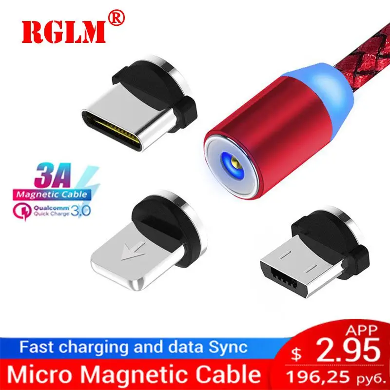 Магнитный кабель RGLM Micro USB 3A быстрая зарядка 1 м для мобильных устройств на Android