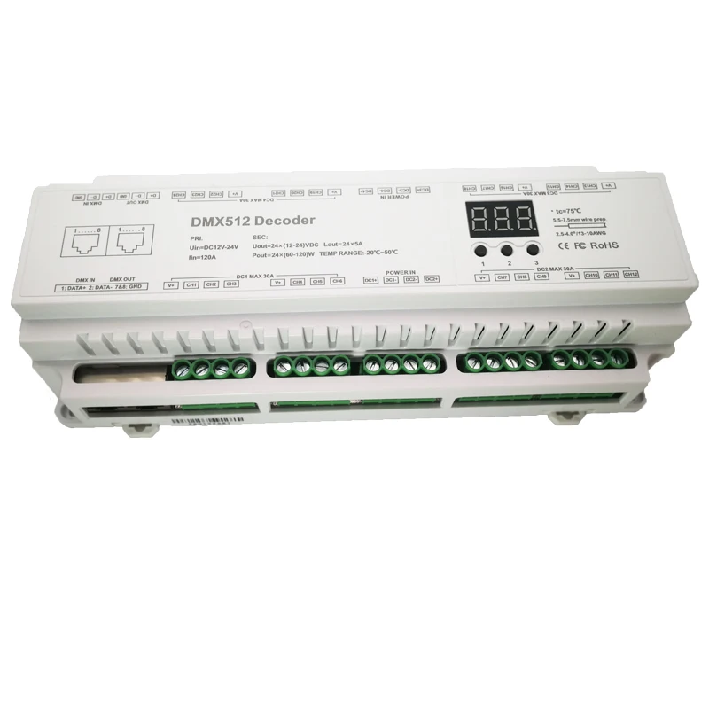 10 шт./лот светодиодный DMX512 декодер DC12V-24V 5A* 24CH 3x32CH 3x40CH светодиодный дисплей DIY установки RJ45 24 32 40 каналов din-рейка DMX декодер