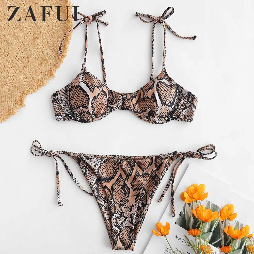 ZAFUL Snake Print Tie Shoulder Underwire Bikini Set Spaghetti Straps Women Swimsuit Padded Swimwear Low Waisted Bathing Suit | Женская