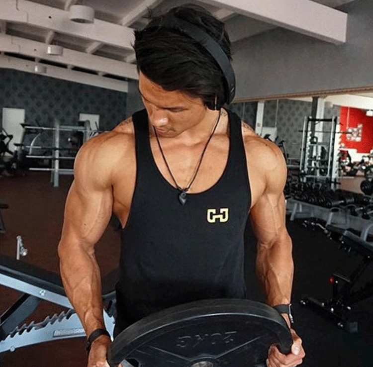 Для мужчин печати тренажерные залы хлопок Быстросохнущий дышащий майка Фитнес