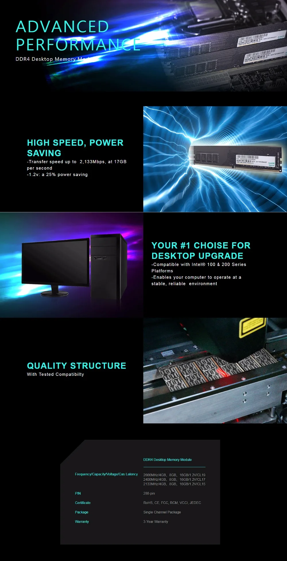Apacer DDR4 ram 16 Гб 2400 МГц DIMM настольная Память DDR4 2400 поддержка материнской платы DDR4 288pin 1,2 в