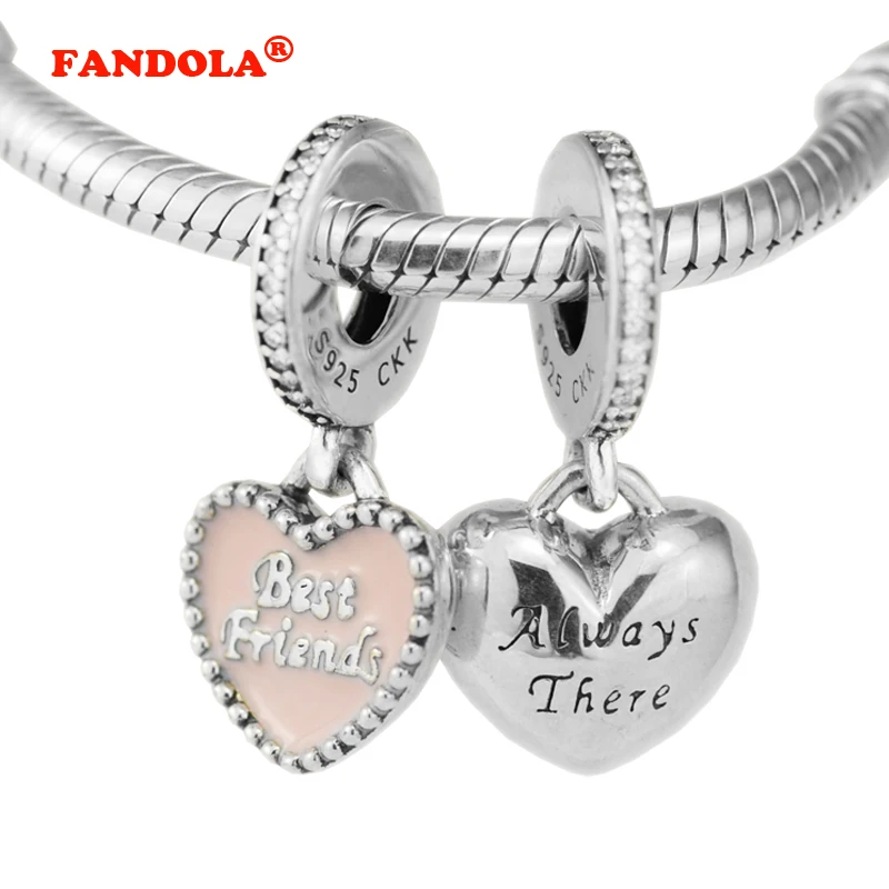 Fits Pandora Charms Bracelet Best Friends Pendant with Clear CZ &amp Pink Enamel 100% 925 Sterling-Silver-Jewelry DIY Beads CK409 |