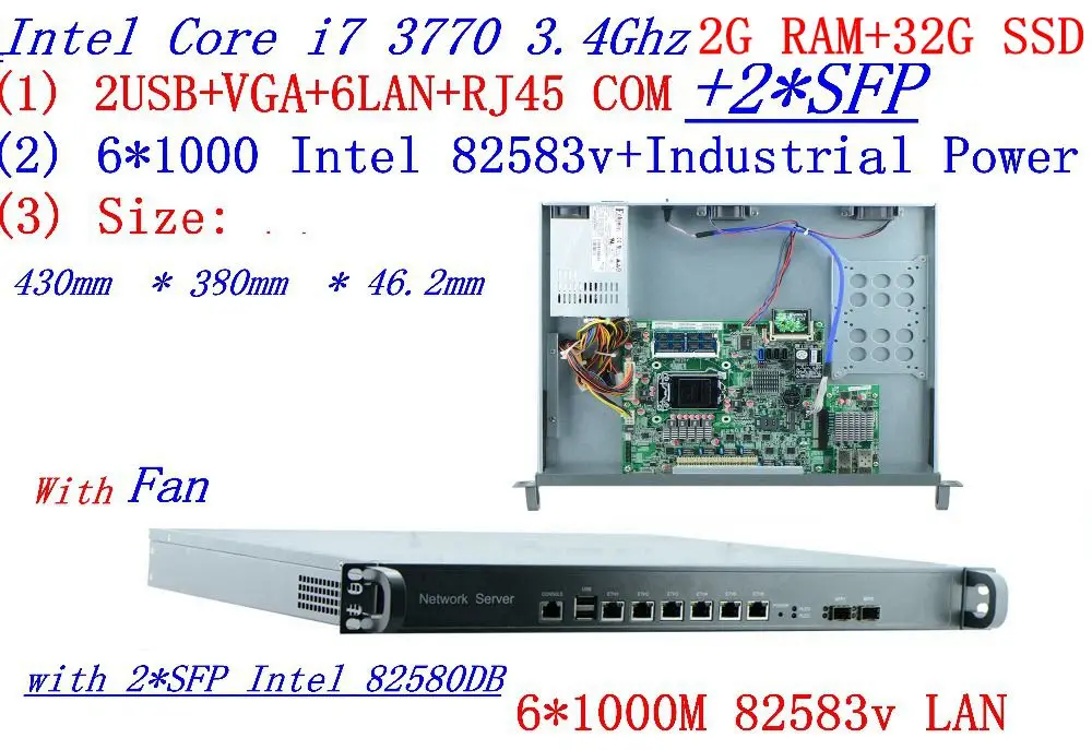 Недорогая серверная стойка 1U роутеры с 6*1000M 82583V Gigabit 2 * SFP InteL I7 3770 3 4 ГГц Гб RAM 32 SSD