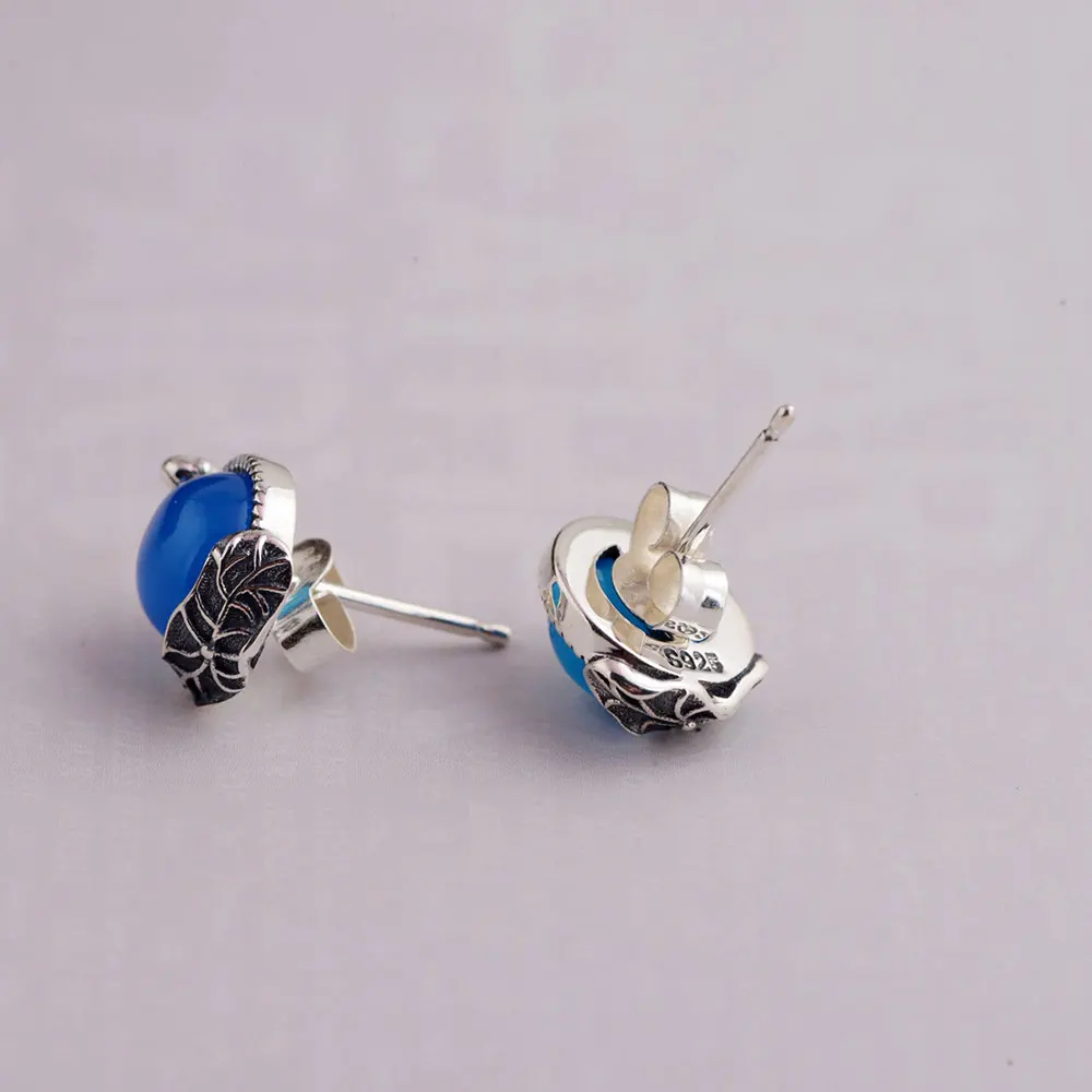 Женские серьги гвоздики из серебра 925 пробы с голубым халцедоном|silver stud earrings|925
